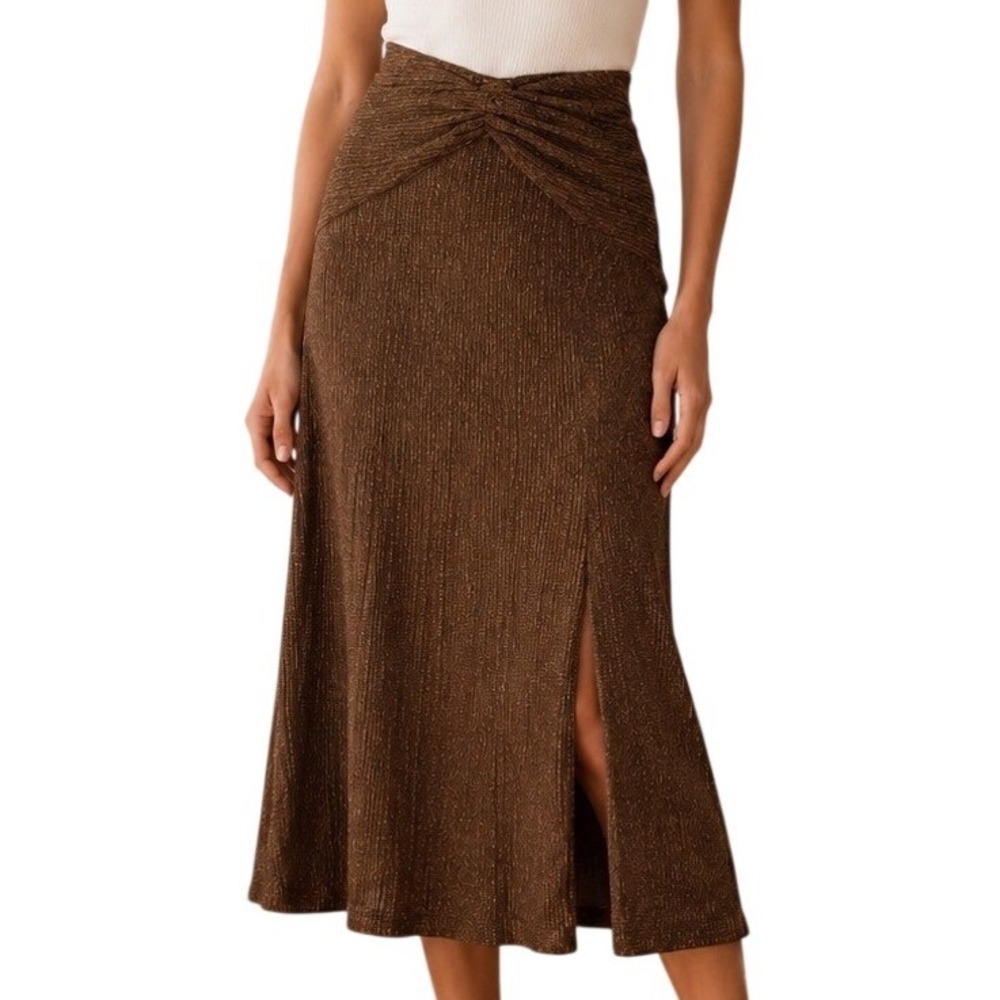 La Semaine Paris Ambre Metallic Ribbed Midi Skirt Brown Knot Waist Sz 36 US 4
